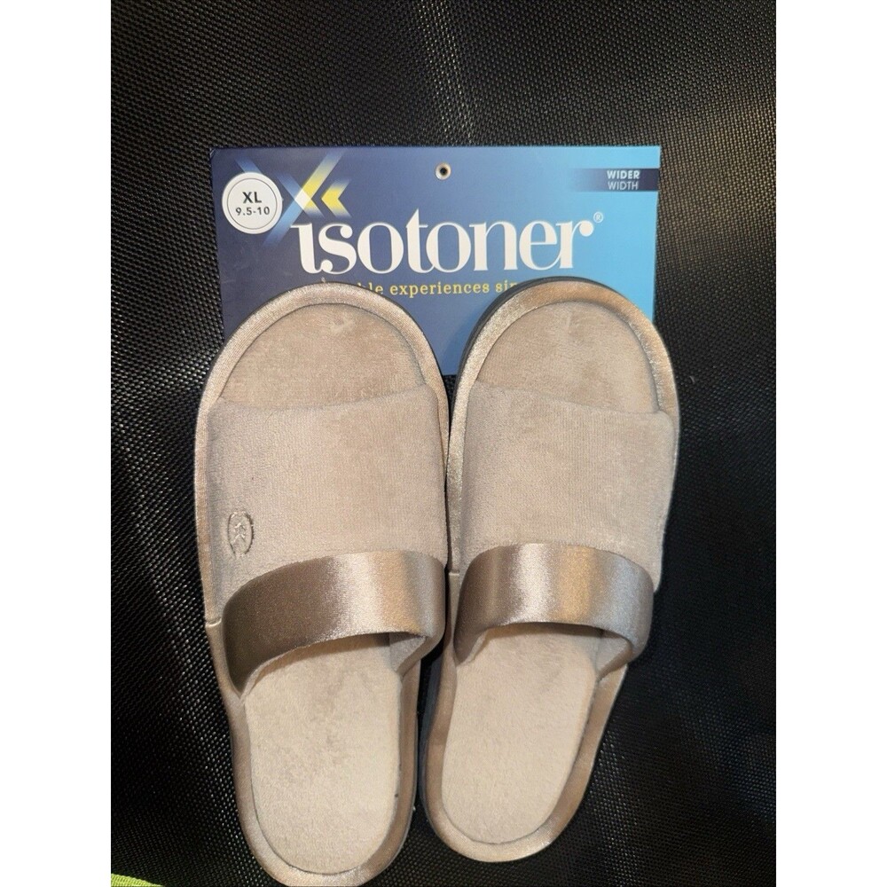 Isotoner Memory Foam Slippers Women's Size XL 9.5-10 Wide Satin Trim Tan Stone